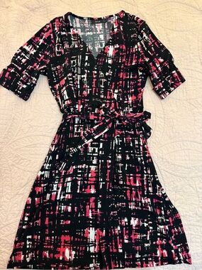 Apt. 9 Black, Pink and White Abstract Midi Wrap Dress